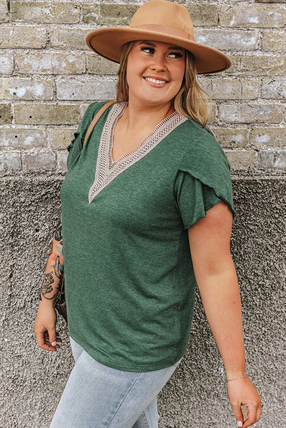 Plus Size Embroidery V Neck Draped Sleeve Blouse - Plus Size Clothing