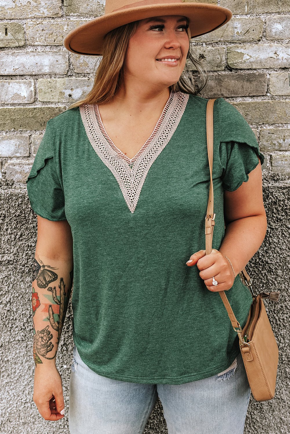 Plus Size Embroidery V Neck Draped Sleeve Blouse - Plus Size Clothing