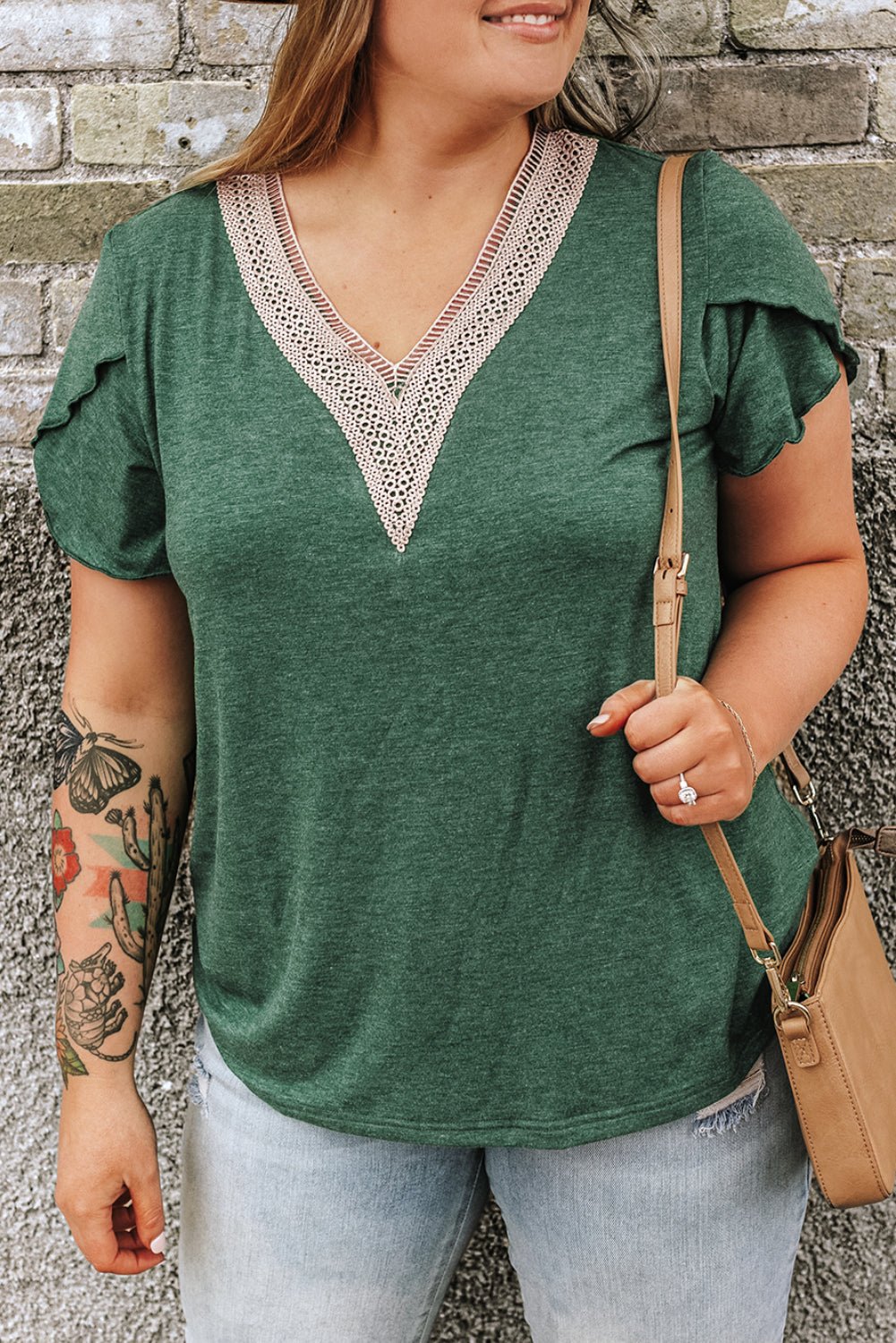 Plus Size Embroidery V Neck Draped Sleeve Blouse - Plus Size Clothing