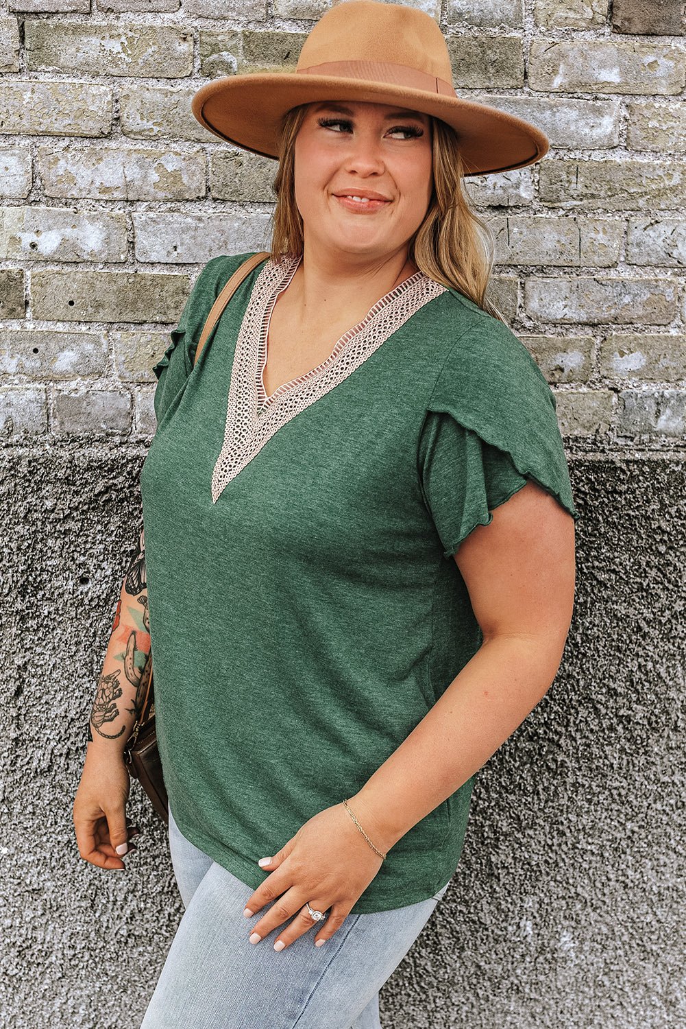 Plus Size Embroidery V Neck Draped Sleeve Blouse - Plus Size Clothing