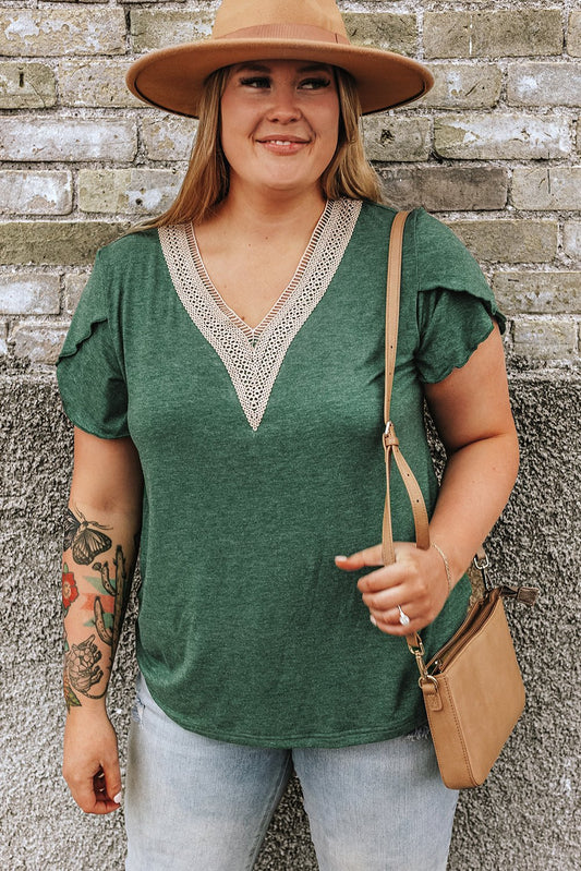Plus Size Embroidery V Neck Draped Sleeve Blouse - Plus Size Clothing