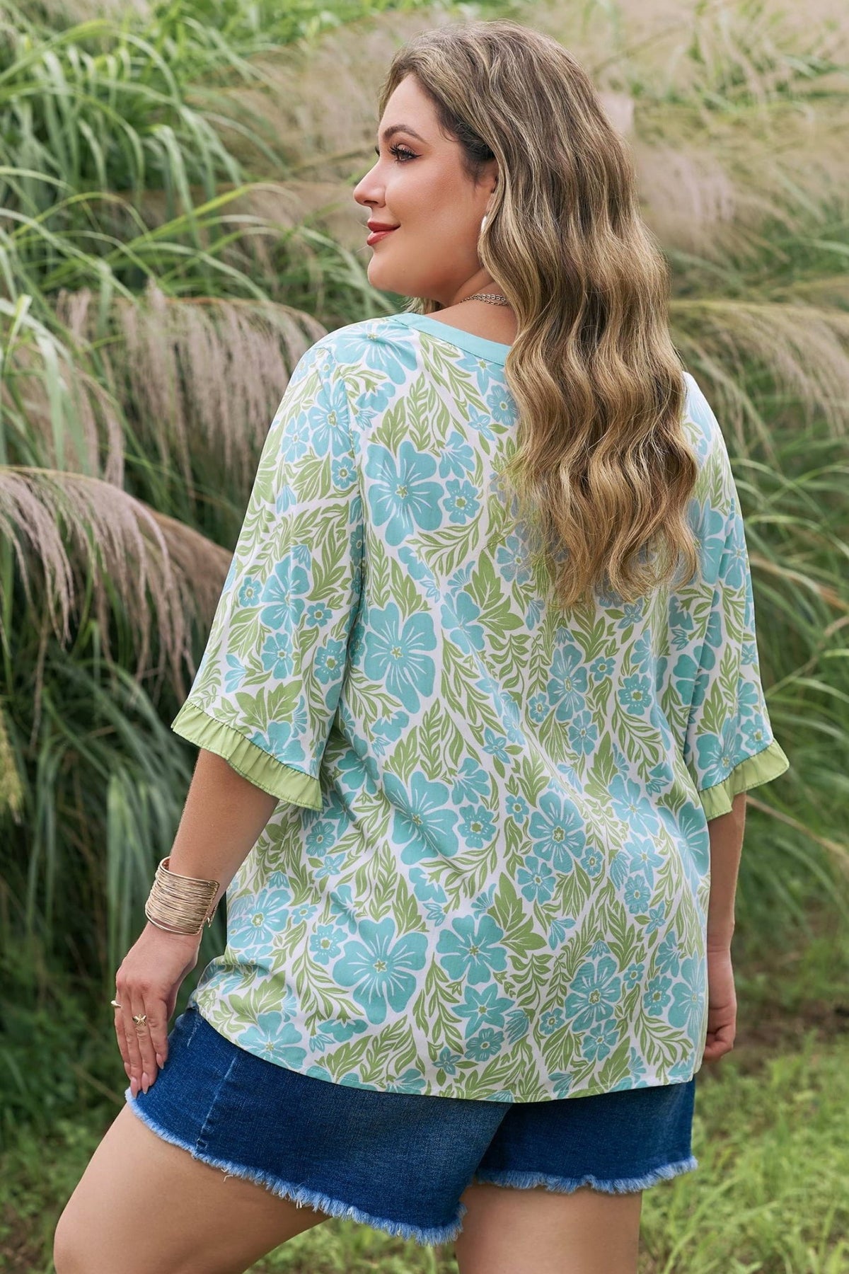 Plus Size Floral Frilled Color Block Trim Blouse - Plus Size XL-4XL - View 2