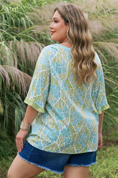 Plus Size Floral Frilled Color Block Trim Blouse - Plus Size XL-4XL - View 2