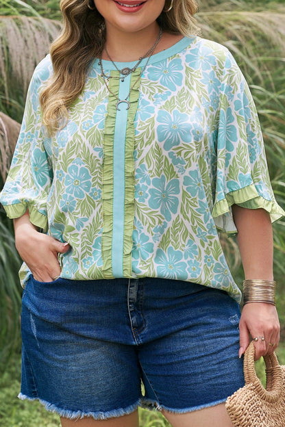 Plus Size Floral Frilled Color Block Trim Blouse - Plus Size XL-4XL - View 7