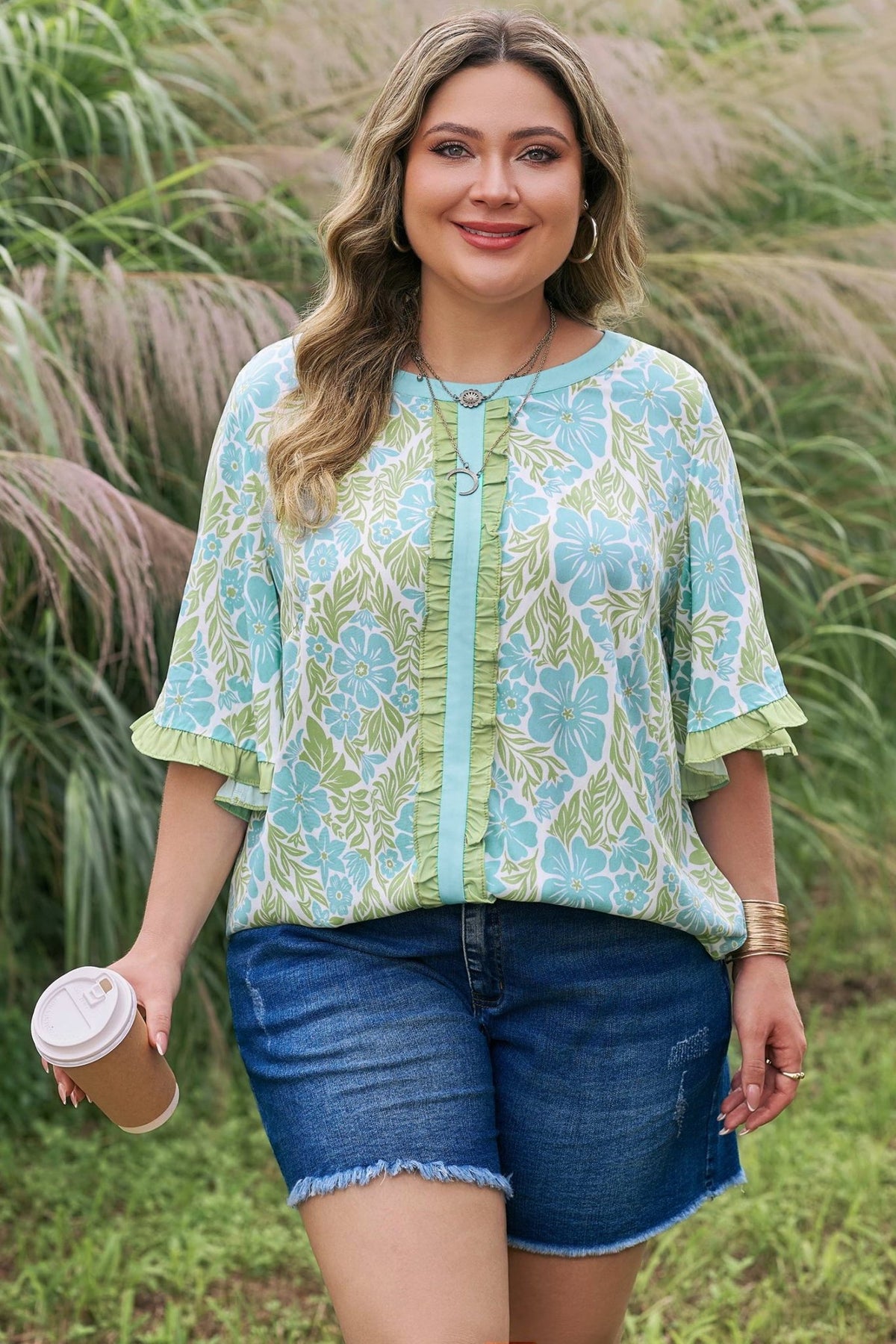 Plus Size Floral Frilled Color Block Trim Blouse - Plus Size XL-4XL - View 3