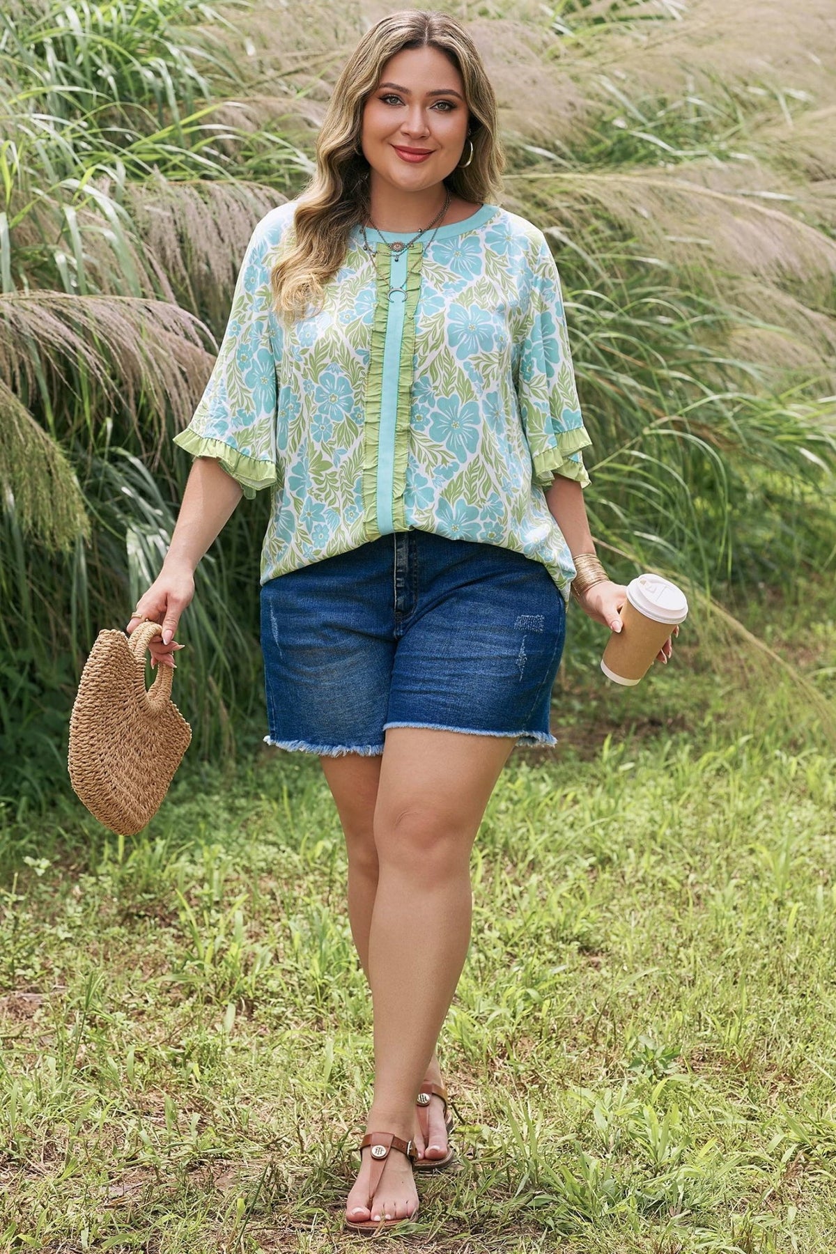 Plus Size Floral Frilled Color Block Trim Blouse - Plus Size XL-4XL - View 5