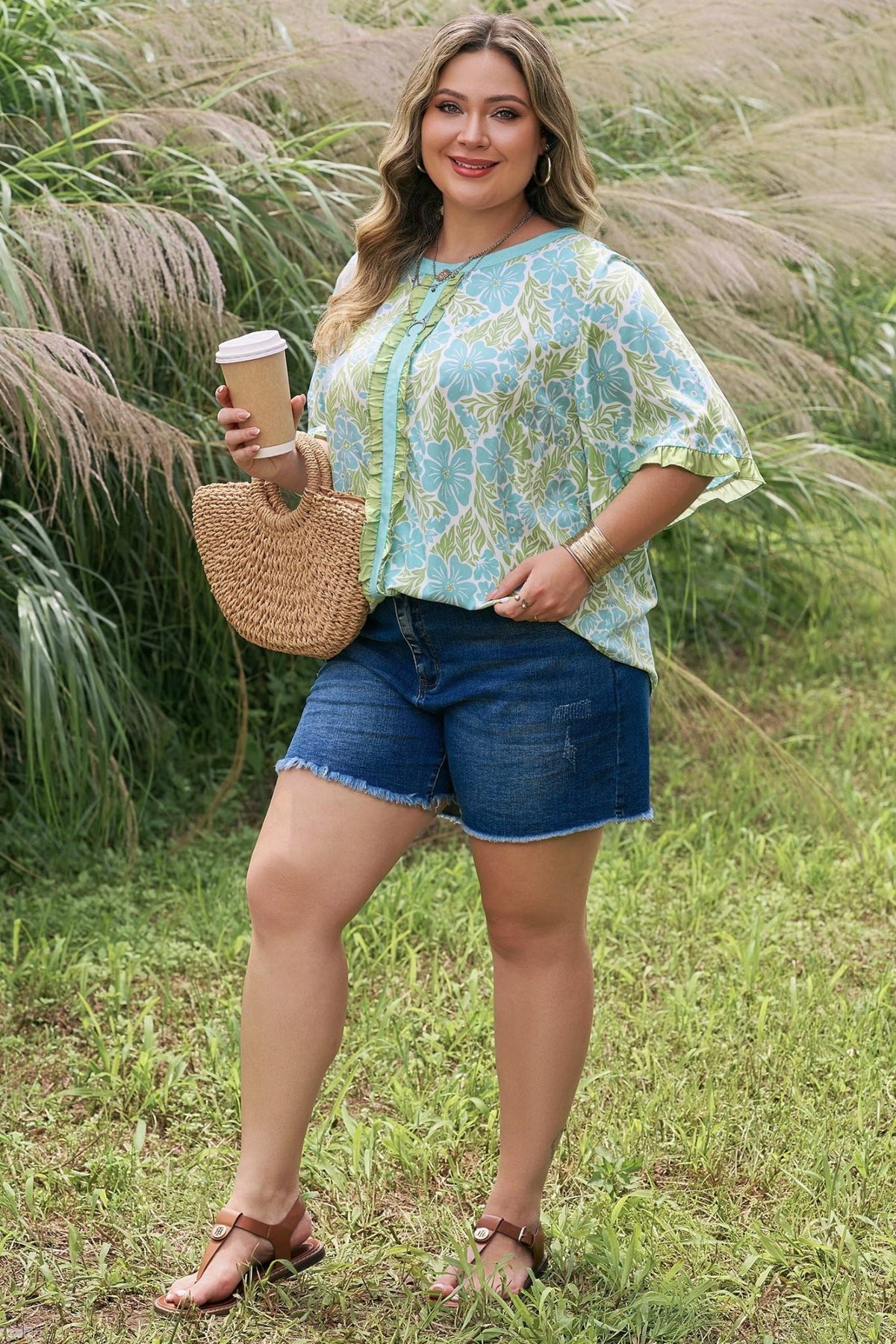 Plus Size Floral Frilled Color Block Trim Blouse - Plus Size XL-4XL - View 6