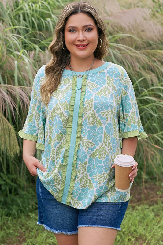 Plus Size Floral Frilled Color Block Trim Blouse - Plus Size XL-4XL - View 1