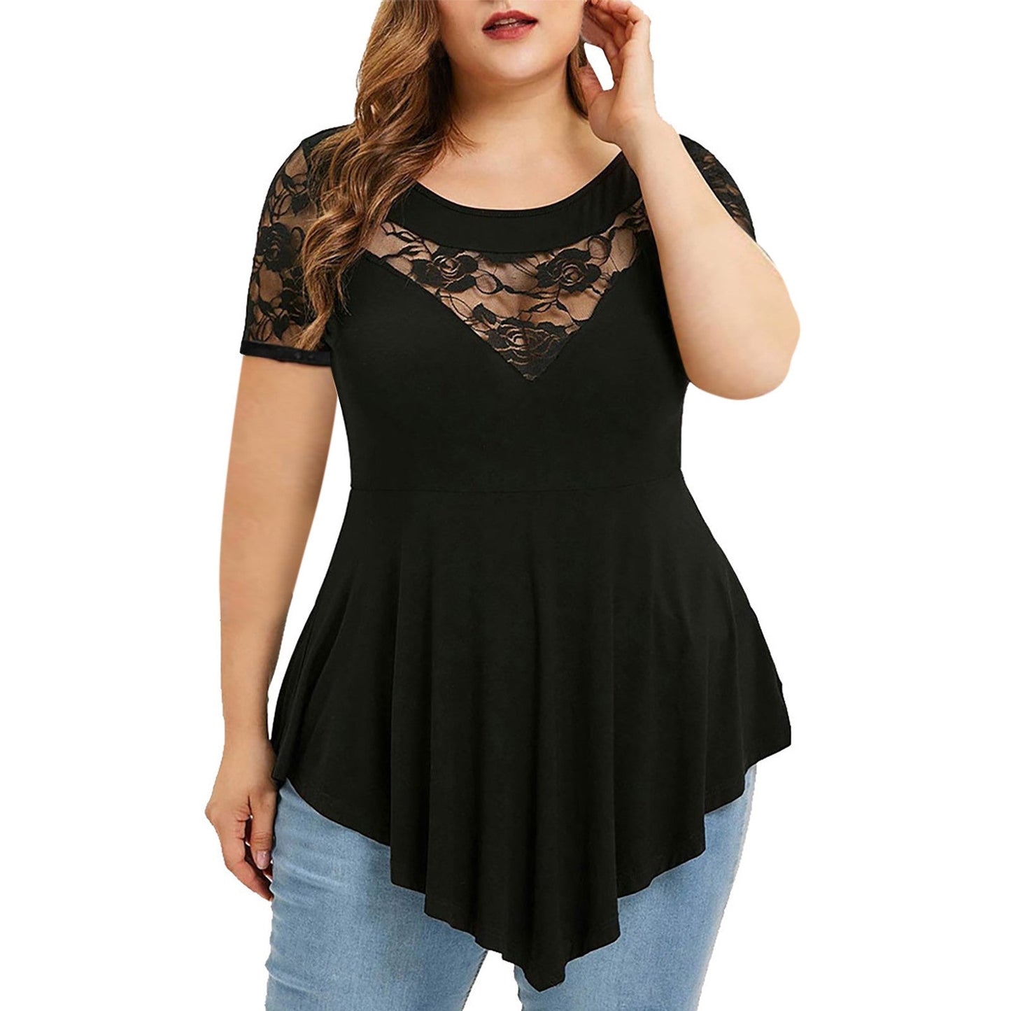 Plus Size Floral Lace Irregular Hem Blouse - Plus Size XL-4XL - View 6