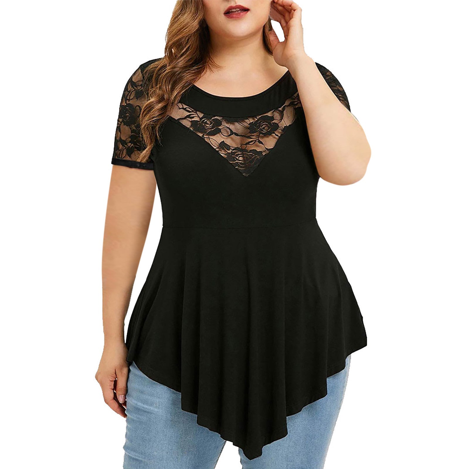 Plus Size Floral Lace Irregular Hem Blouse - Plus Size XL-4XL - View 6