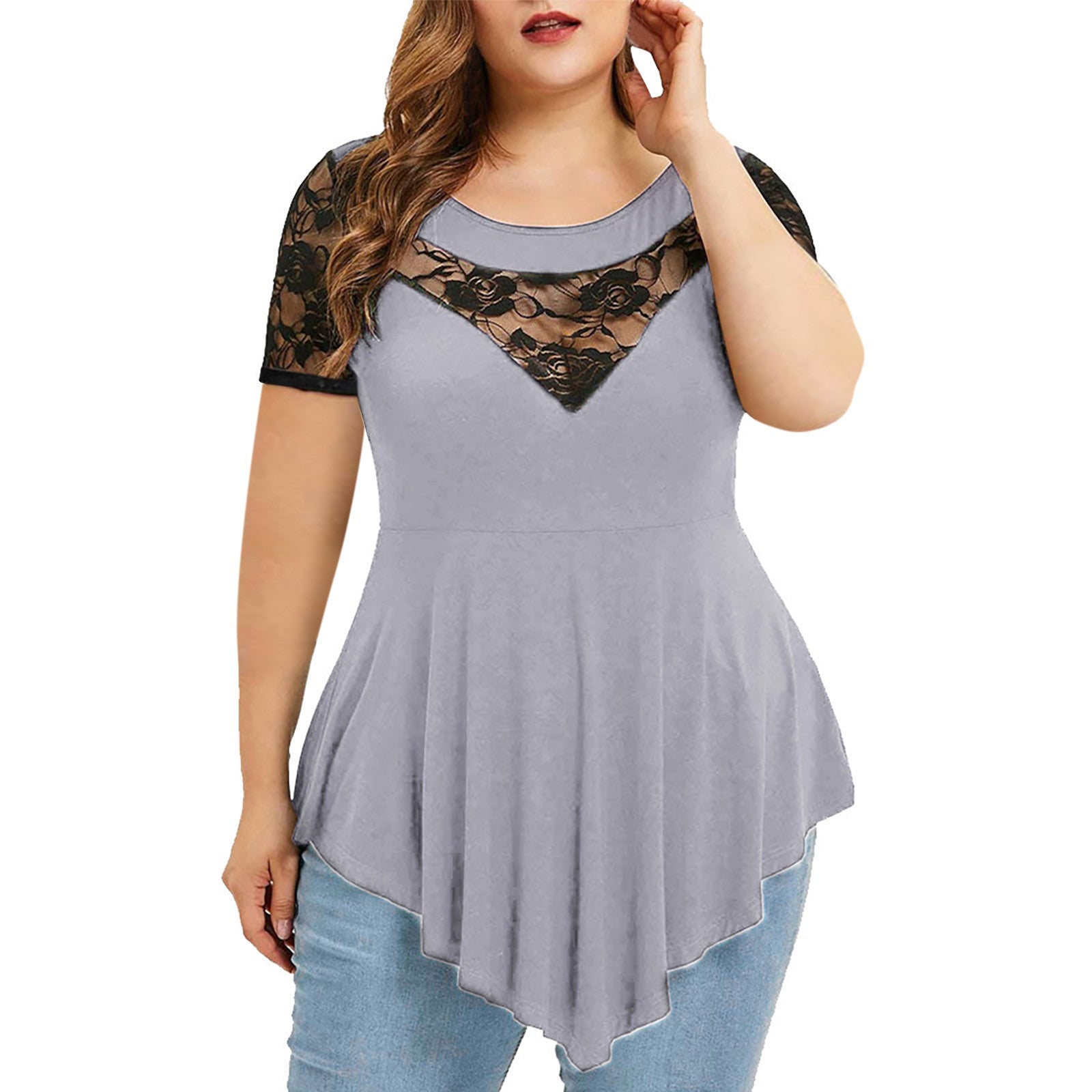 Plus Size Floral Lace Irregular Hem Blouse - Plus Size XL-4XL - View 3