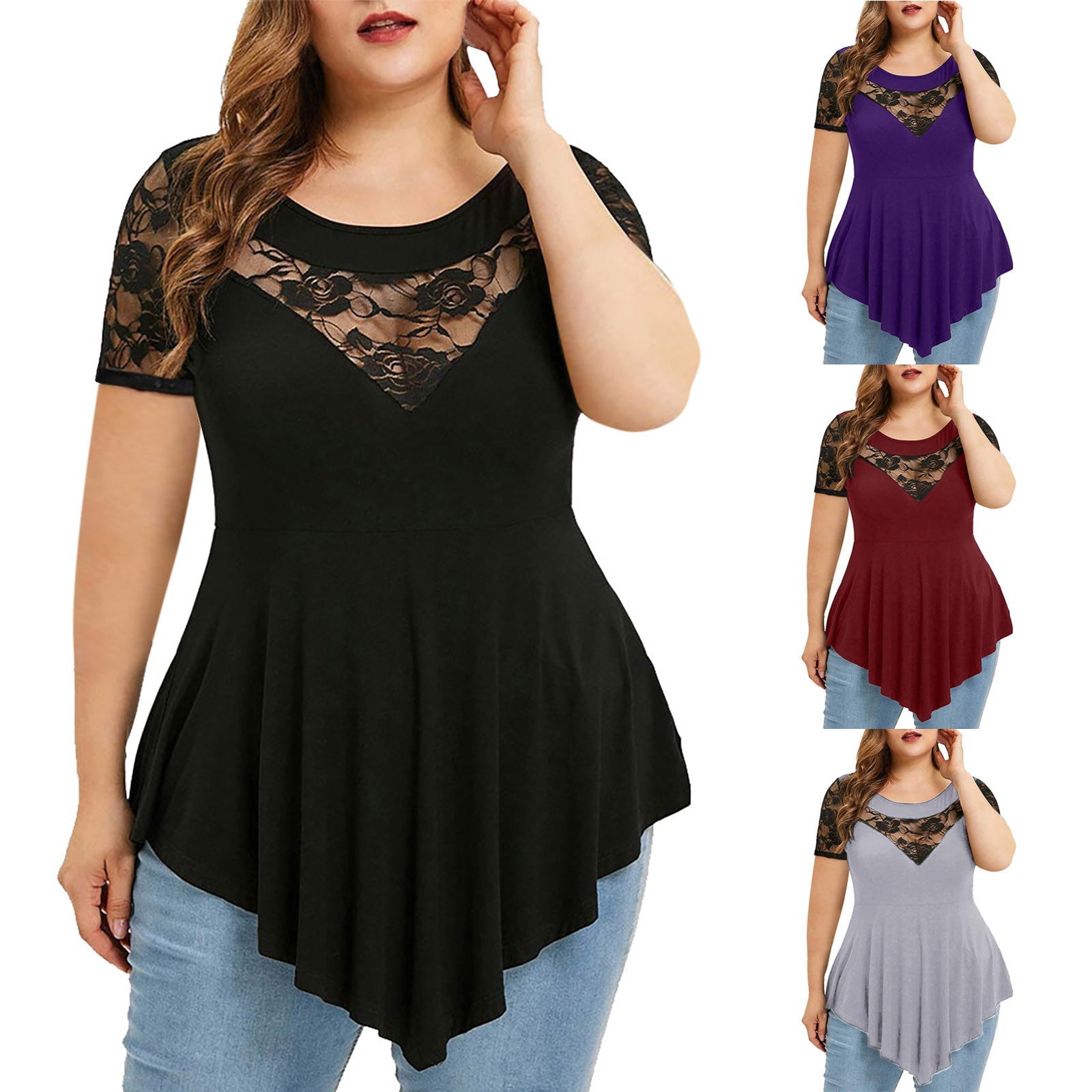 Plus Size Floral Lace Irregular Hem Blouse - Plus Size XL-4XL - View 1
