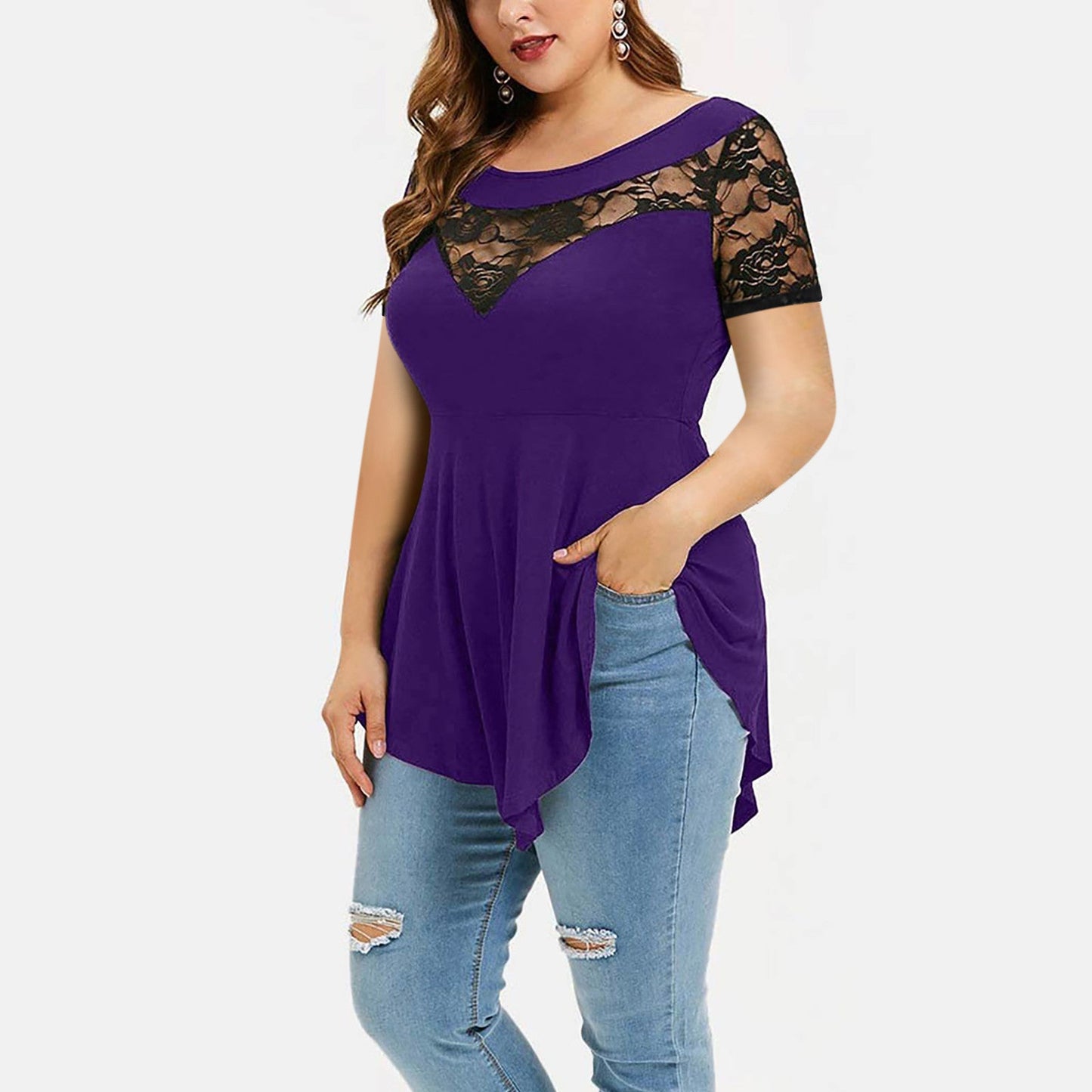 Plus Size Floral Lace Irregular Hem Blouse - Plus Size XL-4XL - View 9