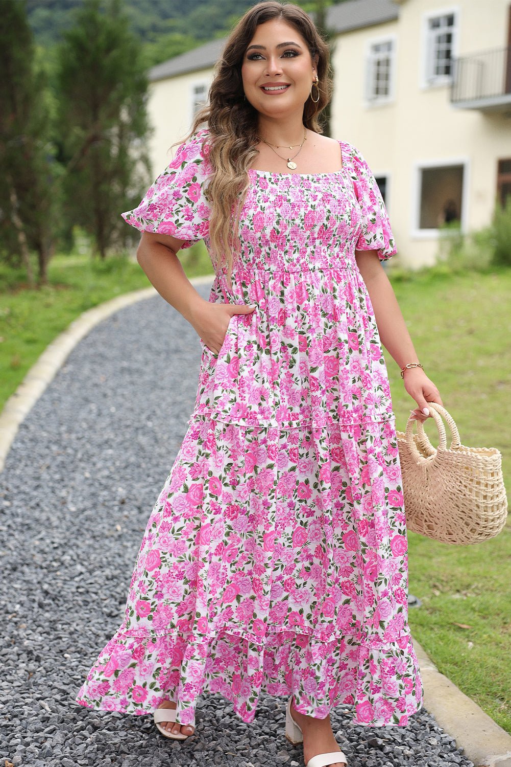 Plus Size Floral Print Smocked Puff Sleeve Dress - Plus Size Clothing