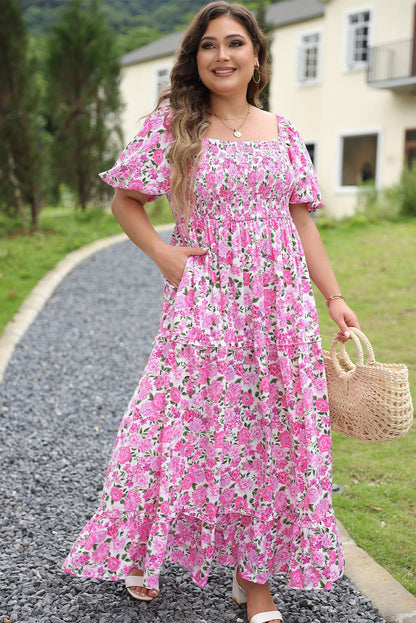 Plus Size Floral Print Smocked Puff Sleeve Dress - Plus Size Clothing