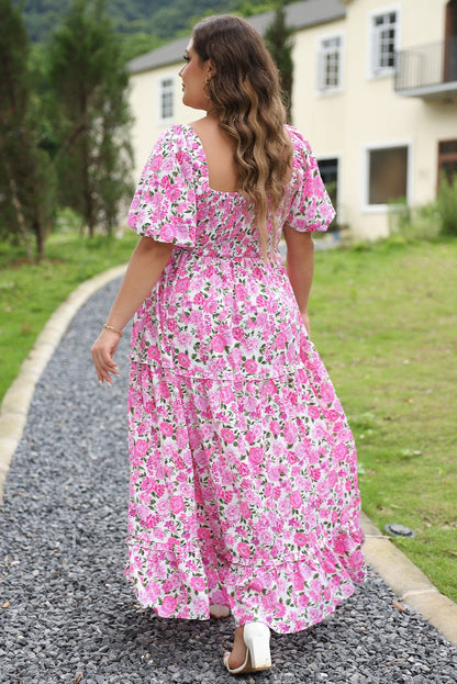 Plus Size Floral Print Smocked Puff Sleeve Dress - Plus Size Clothing