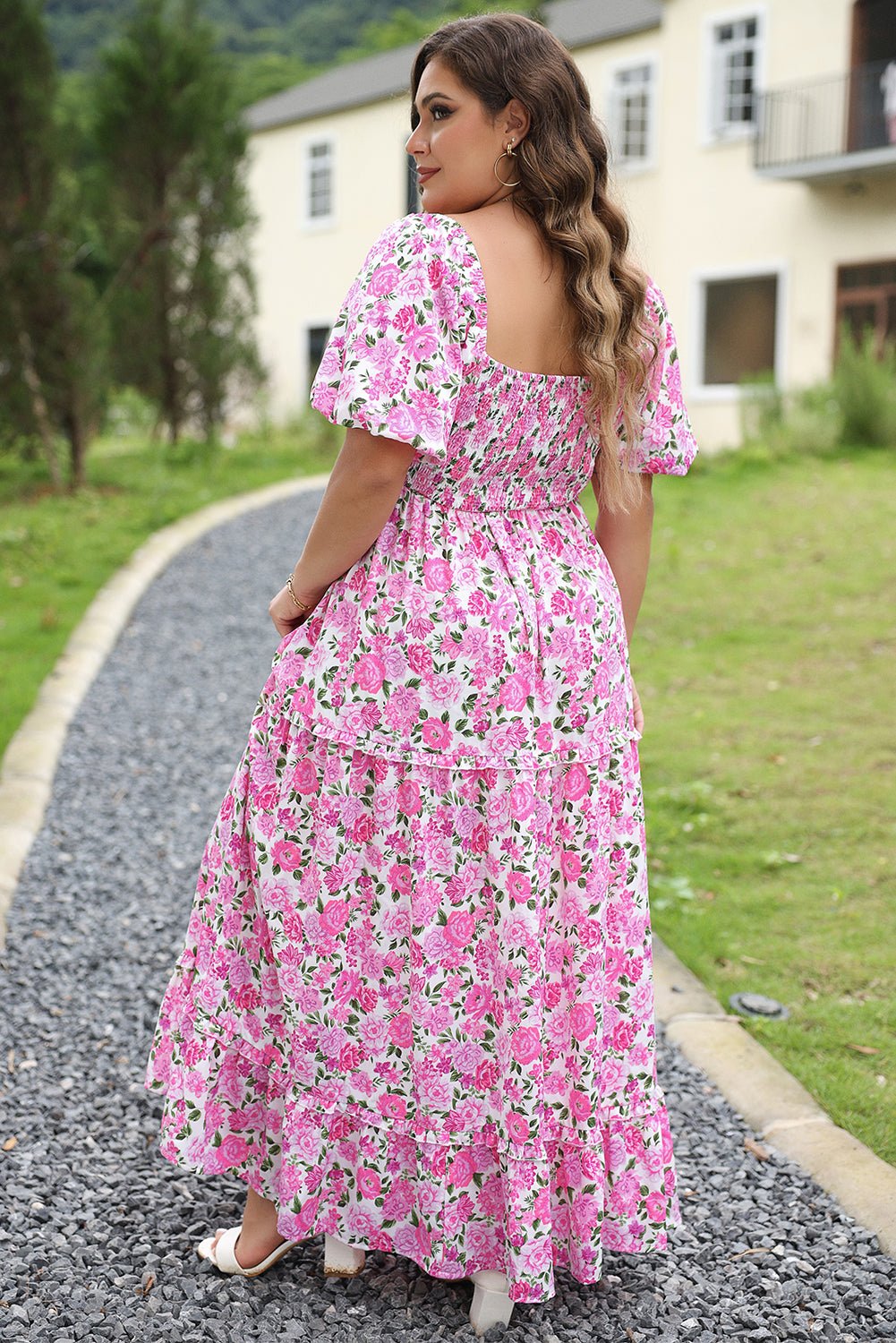 Plus Size Floral Print Smocked Puff Sleeve Dress - Plus Size Clothing
