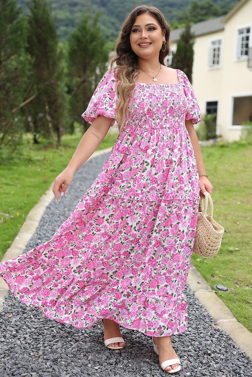 Plus Size Floral Print Smocked Puff Sleeve Dress - Plus Size Clothing