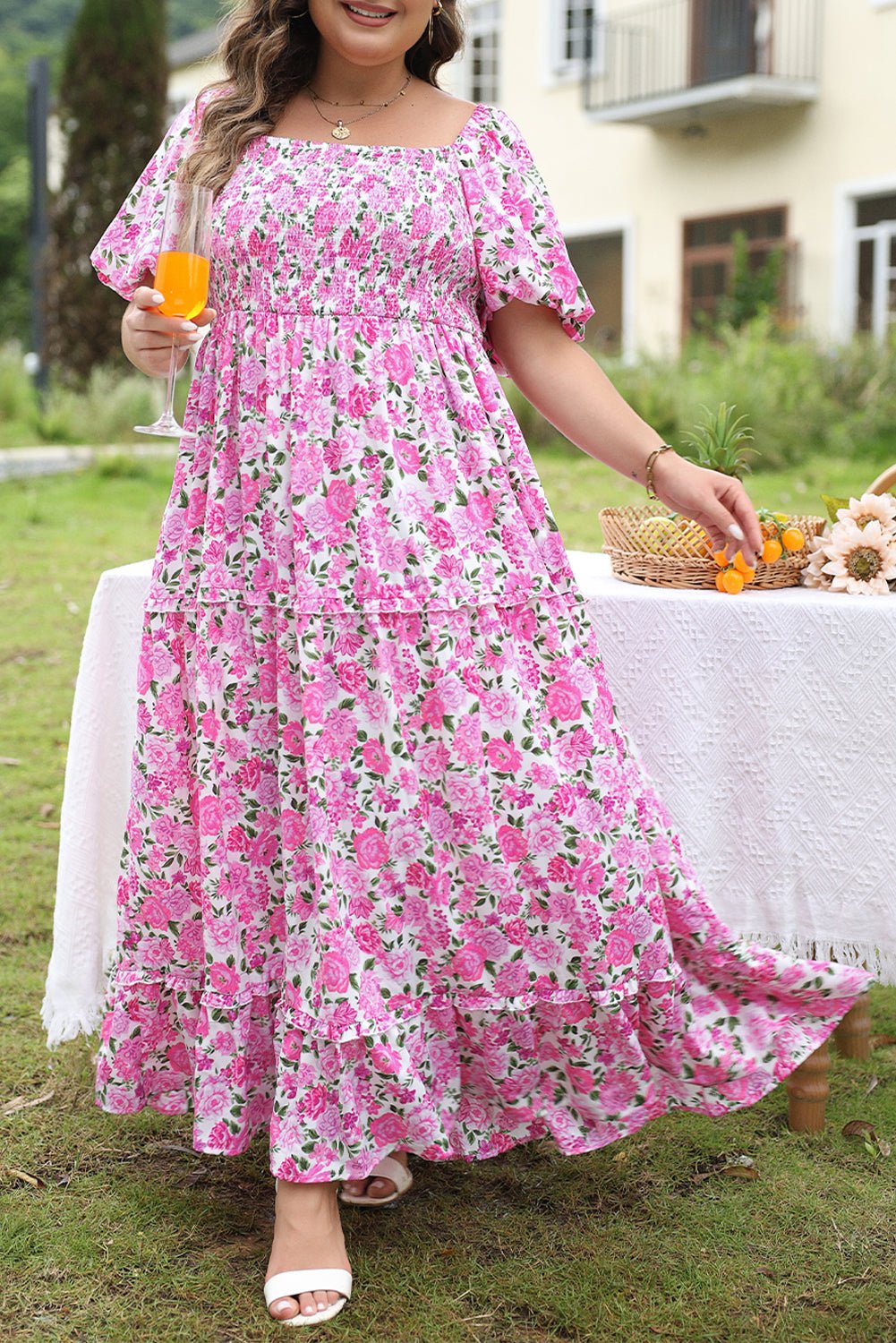 Plus Size Floral Print Smocked Puff Sleeve Dress - Plus Size Clothing