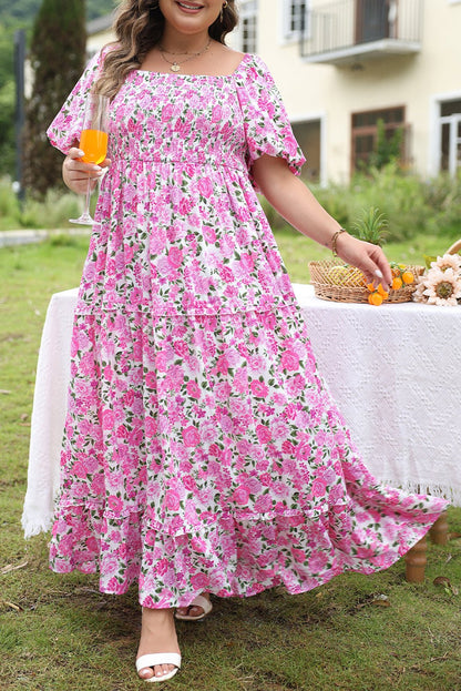 Plus Size Floral Print Smocked Puff Sleeve Dress - Plus Size Clothing