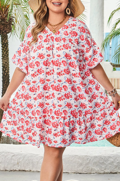Plus Size Floral Ruffled V Neck Dress - Plus Size Clothing