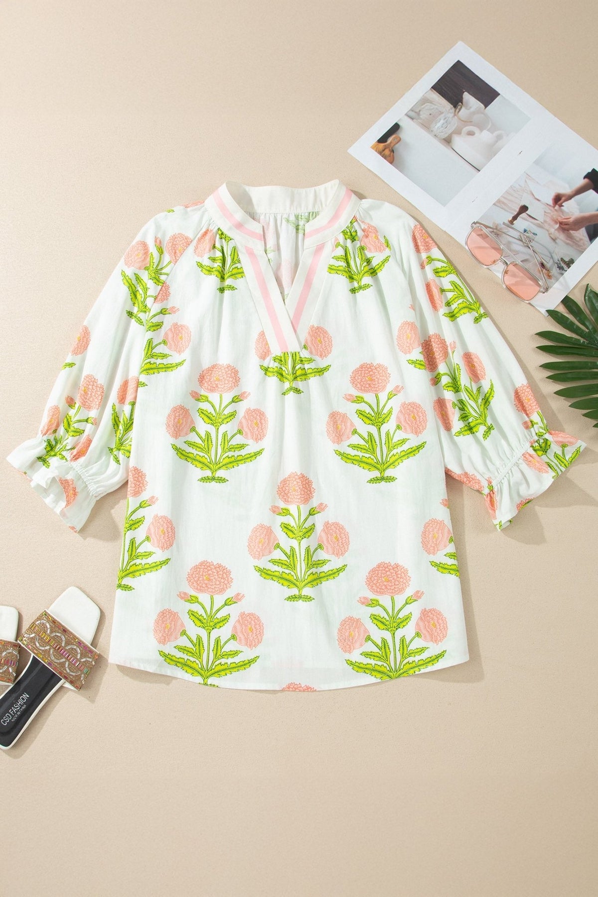 Plus Size Floral Striped Trim V Neck Blouse - Plus Size XL-4XL - View 8