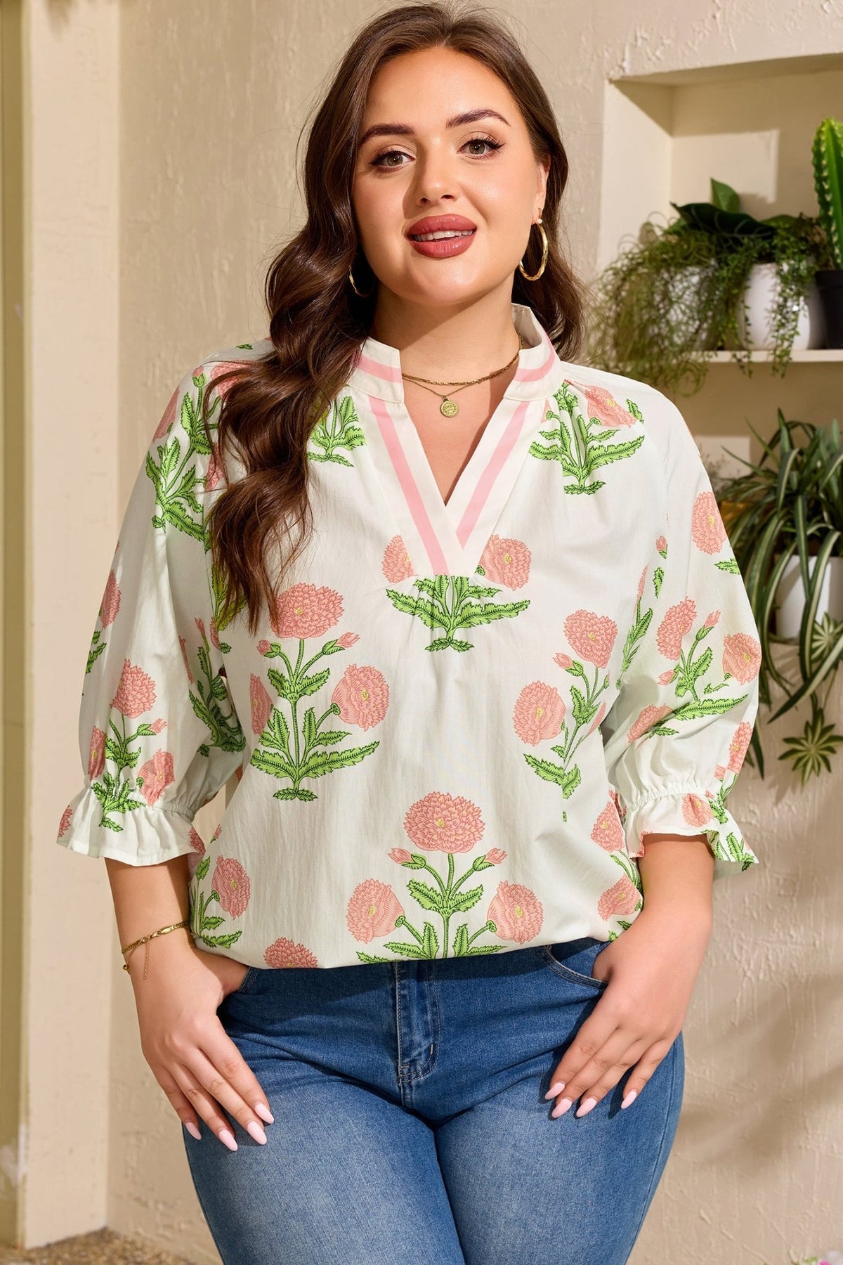 Plus Size Floral Striped Trim V Neck Blouse - Plus Size XL-4XL - View 5