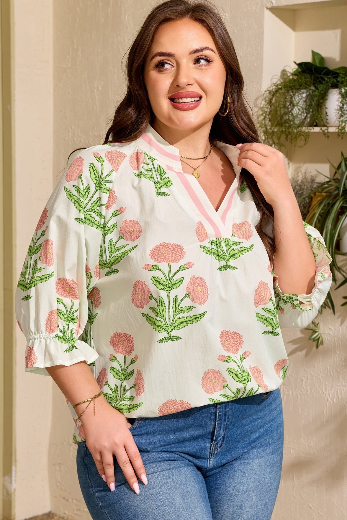 Plus Size Floral Striped Trim V Neck Blouse - Plus Size XL-4XL - View 4