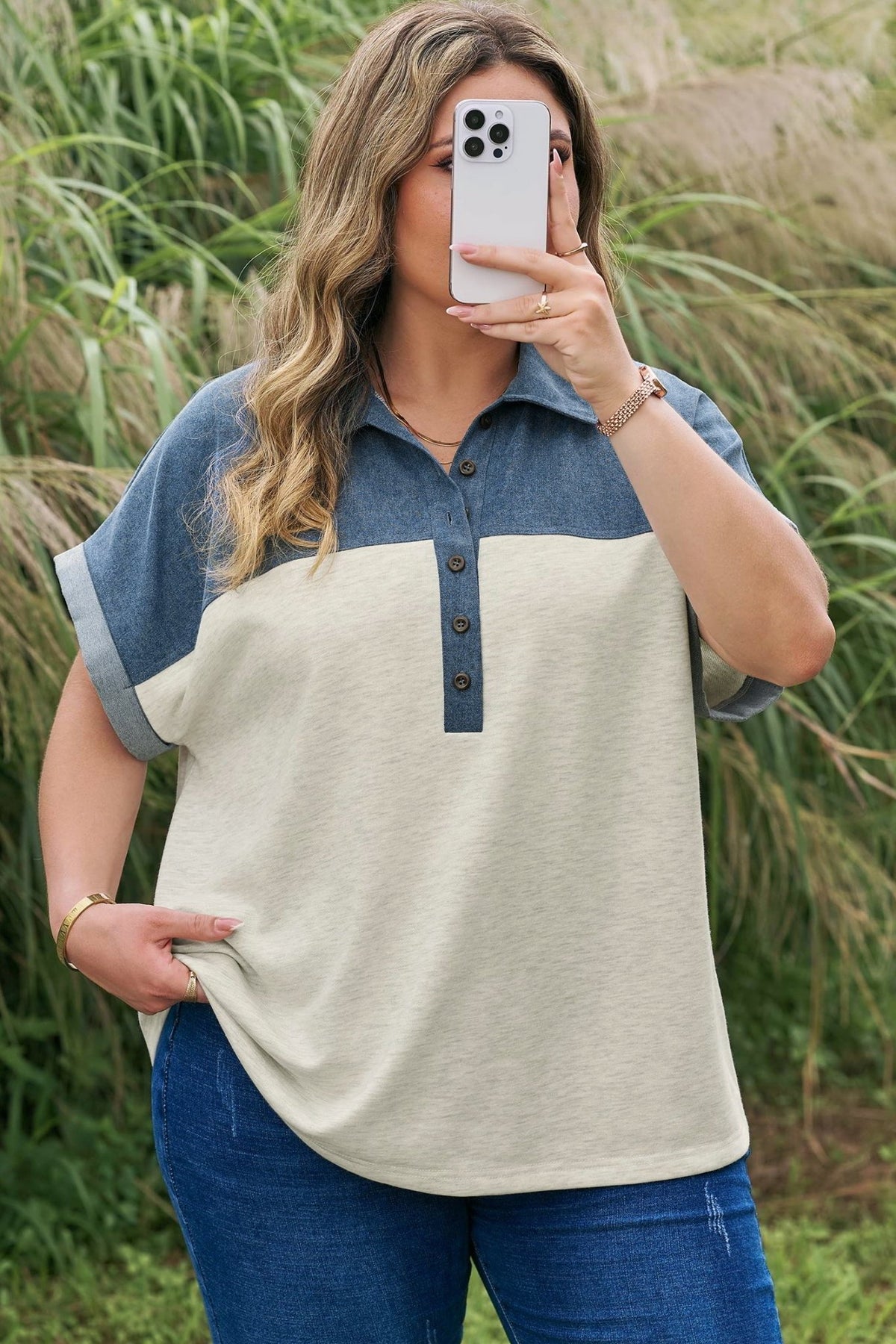 Plus Size Half Button Collared Denim Patchwork Top - Plus Size XL-4XL - View 6