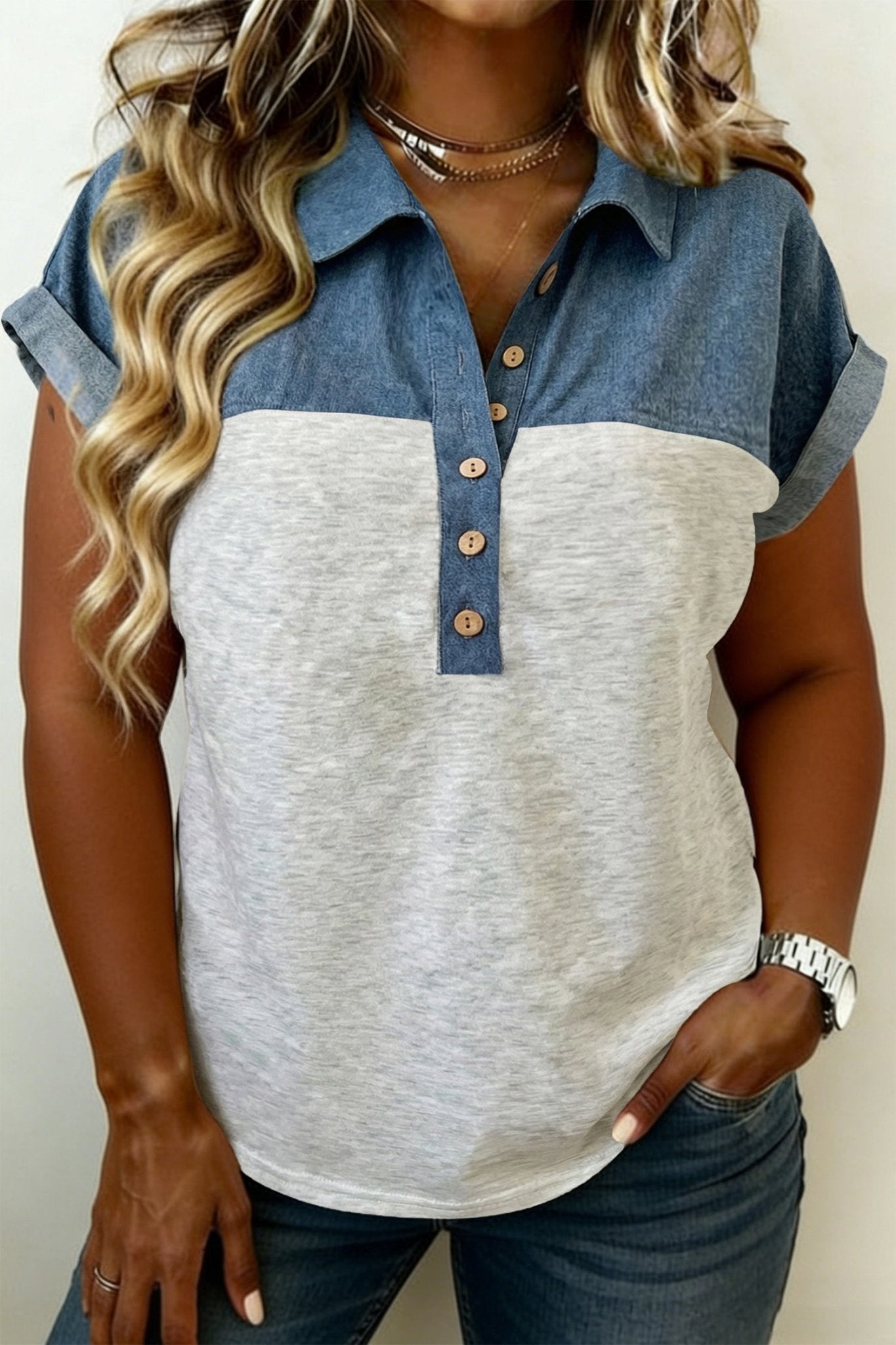 Plus Size Half Button Collared Denim Patchwork Top - Plus Size XL-4XL - View 8