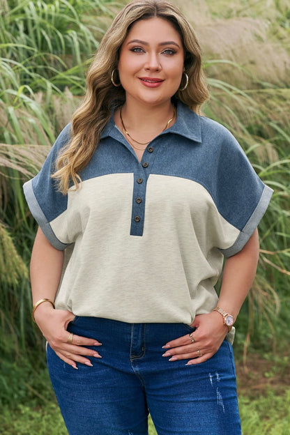 Plus Size Half Button Collared Denim Patchwork Top - Plus Size XL-4XL - View 5