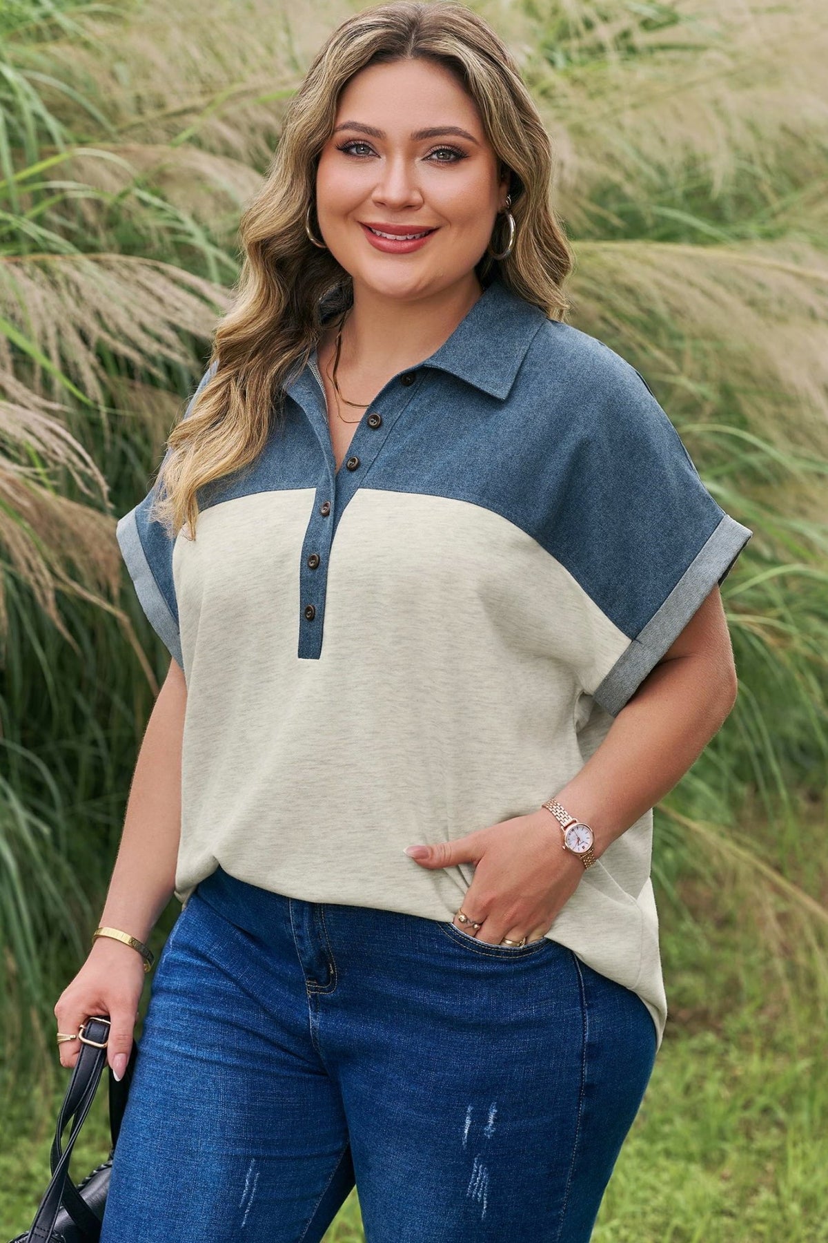 Plus Size Half Button Collared Denim Patchwork Top - Plus Size XL-4XL - View 3