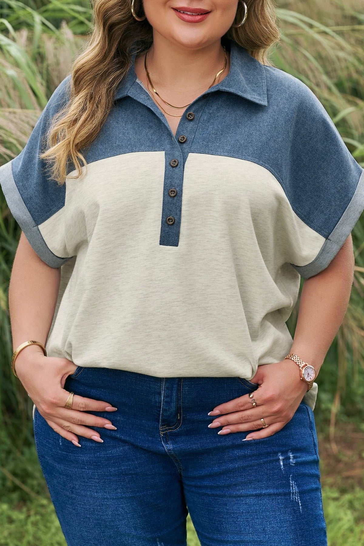 Plus Size Half Button Collared Denim Patchwork Top - Plus Size XL-4XL - View 7