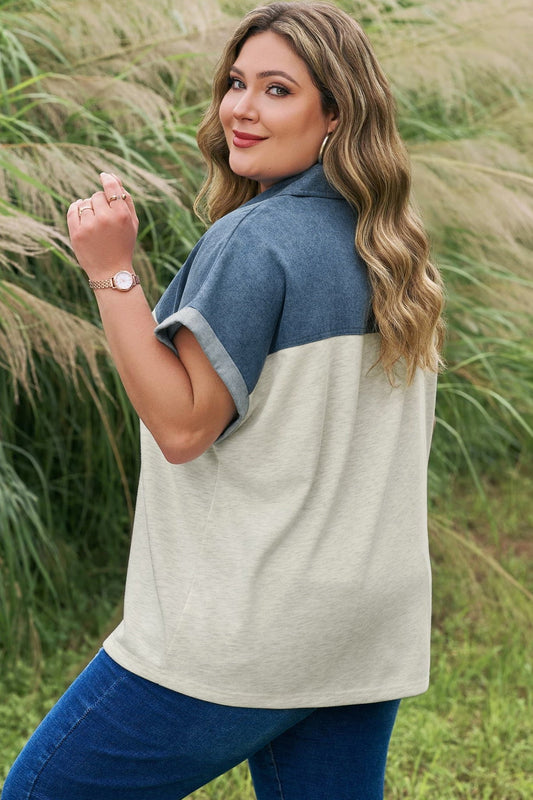 Plus Size Half Button Collared Denim Patchwork Top - Plus Size XL-4XL - View 2