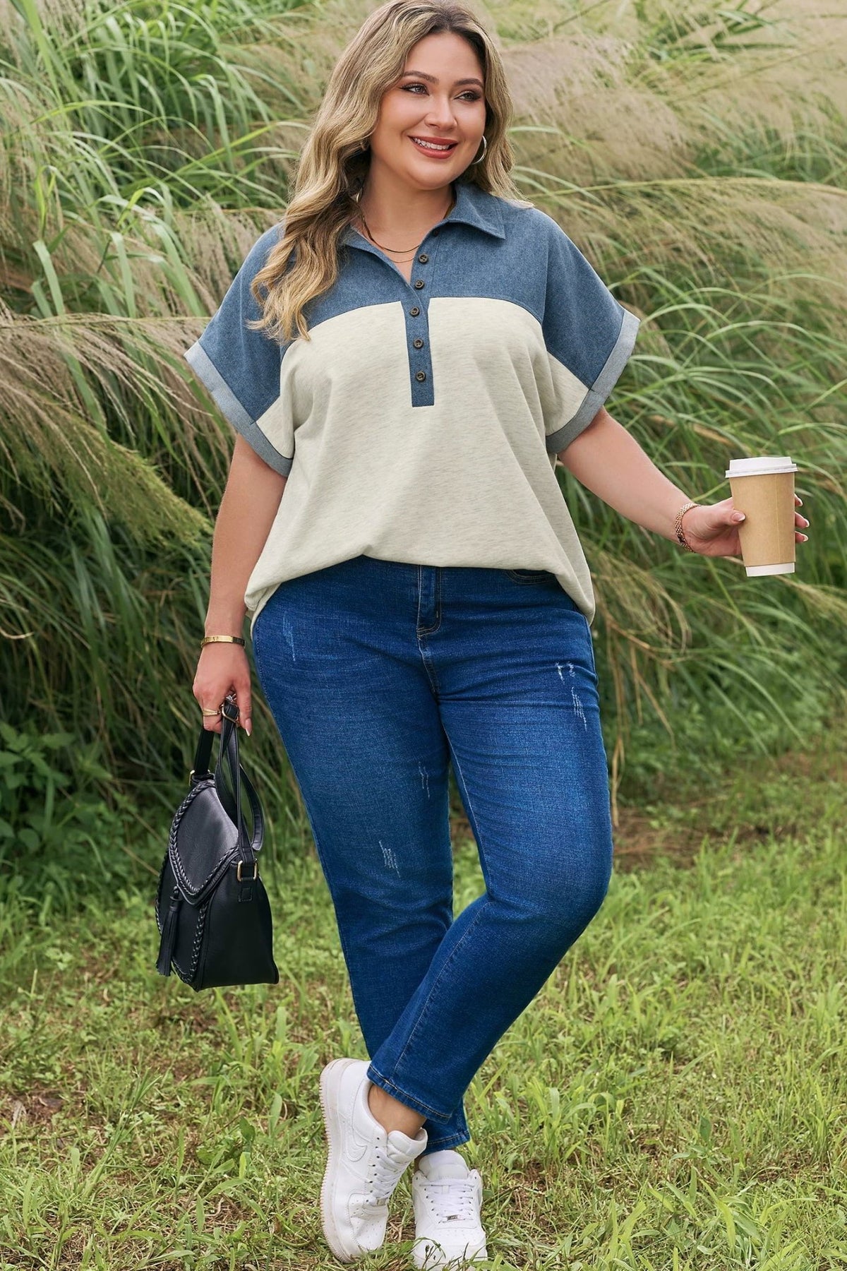 Plus Size Half Button Collared Denim Patchwork Top - Plus Size XL-4XL - View 4