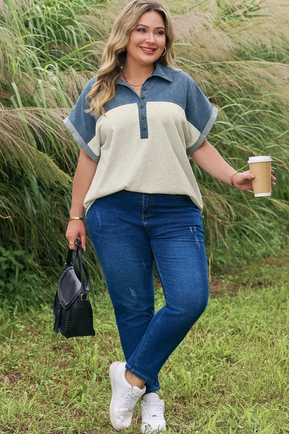 Plus Size Half Button Collared Denim Patchwork Top - Plus Size XL-4XL - View 4