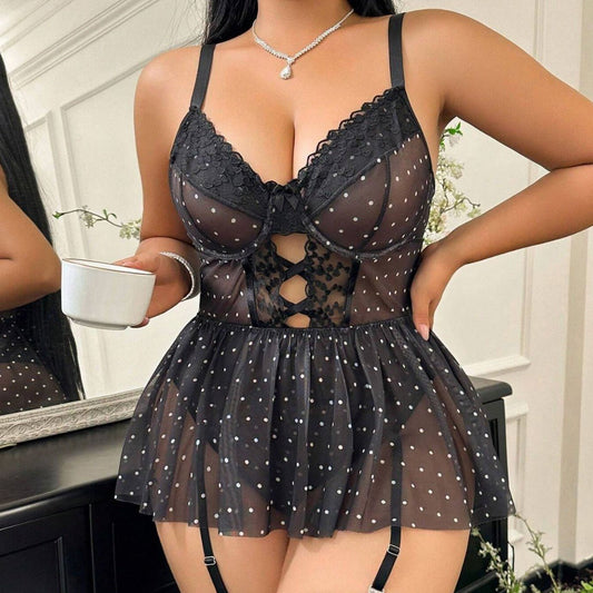 Plus Size Lace Mesh Polka-Dot Nightdress Bodysuit - Plus Size XL-4XL - View 1