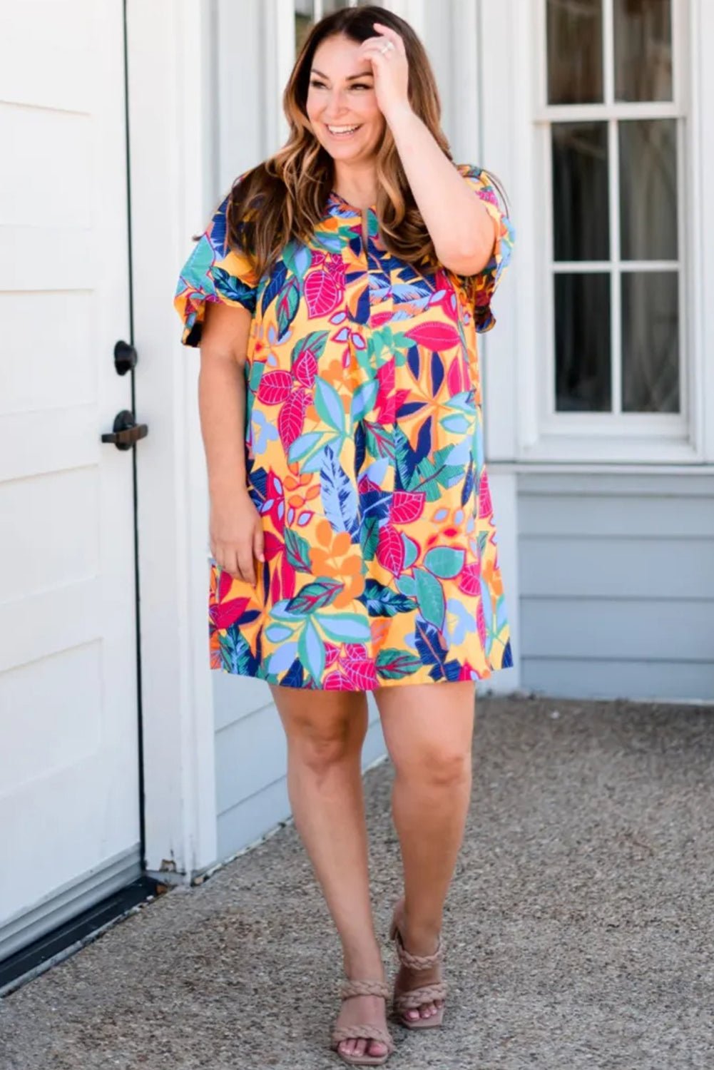 Plus Size Leafy Print Split Neck Shift Dress - Plus Size Clothing