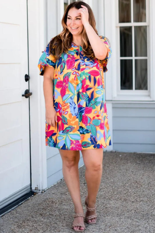 Plus Size Leafy Print Split Neck Shift Dress - Plus Size Clothing
