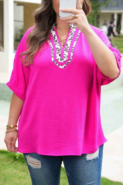 Plus Size Leopard Accent Notched Neck Top - Plus Size XL-4XL - View 7