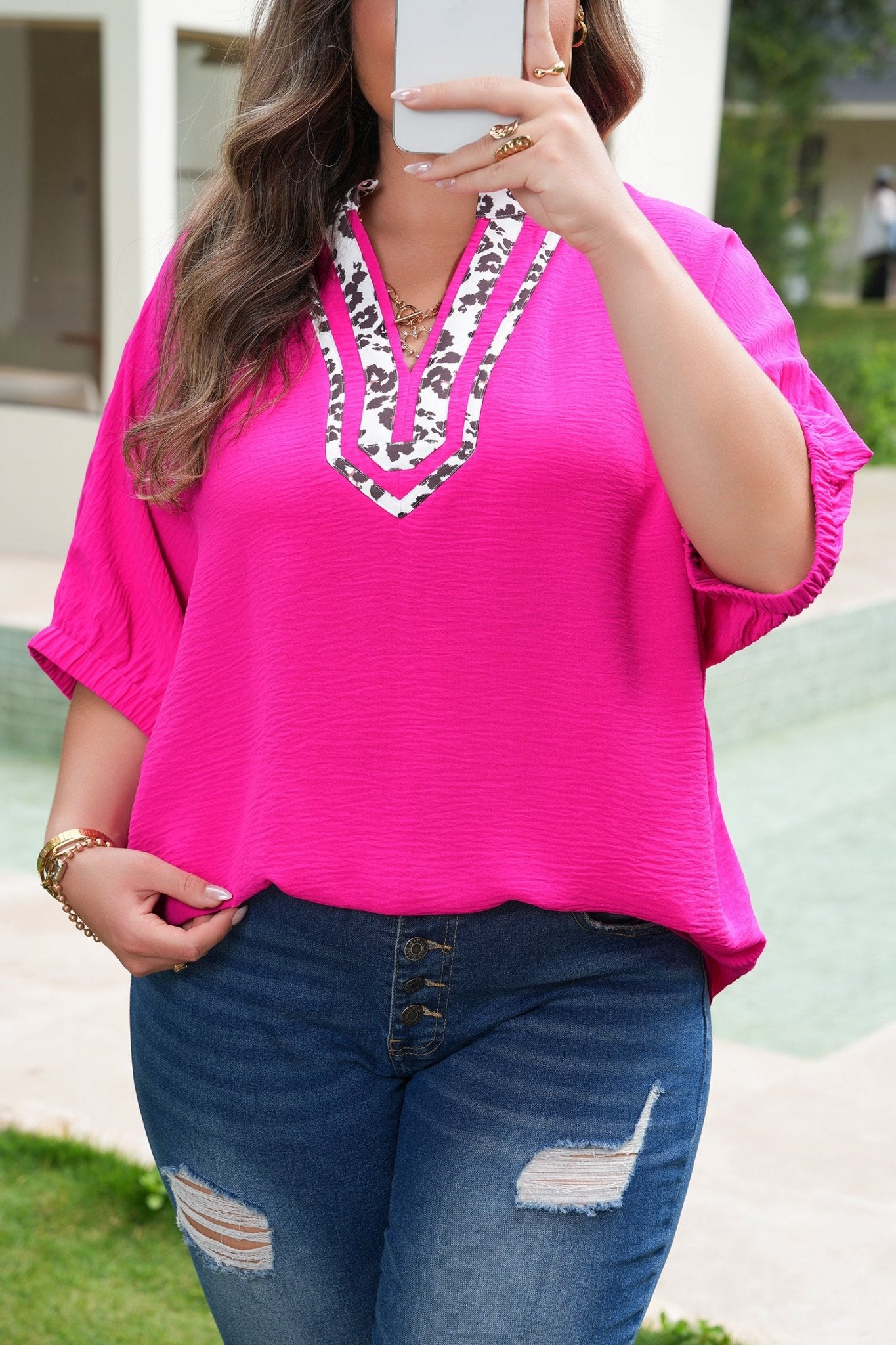 Plus Size Leopard Accent Notched Neck Top - Plus Size XL-4XL - View 5