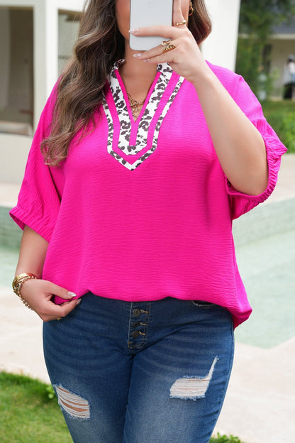 Plus Size Leopard Accent Notched Neck Top - Plus Size XL-4XL - View 5