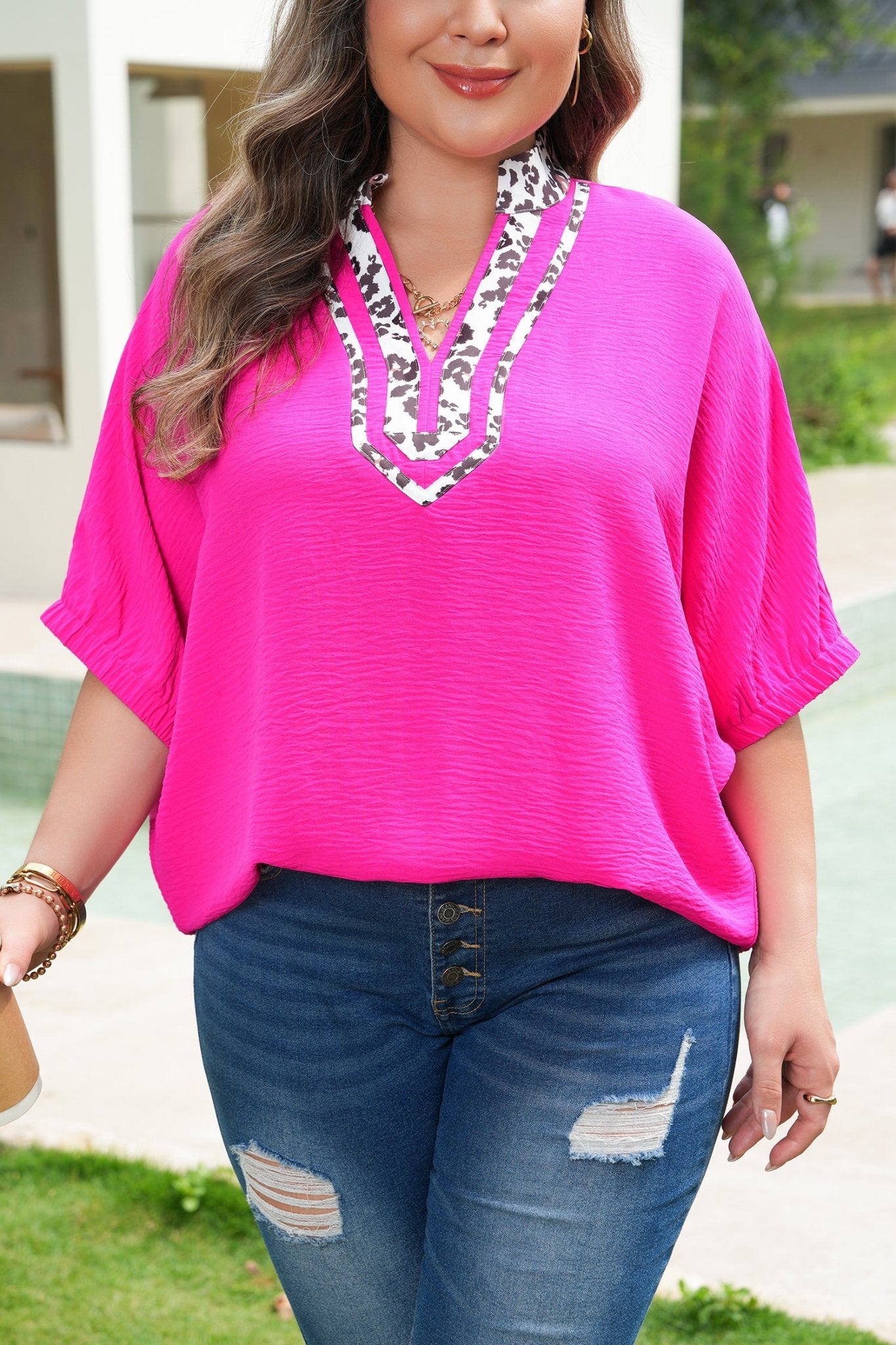 Plus Size Leopard Accent Notched Neck Top - Plus Size XL-4XL - View 6