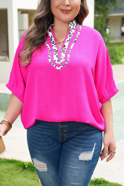 Plus Size Leopard Accent Notched Neck Top - Plus Size XL-4XL - View 6