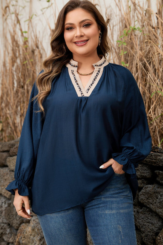 Plus Size Leopard Patchwork Collar Flounce Sleeve Blouse - Plus Size Clothing