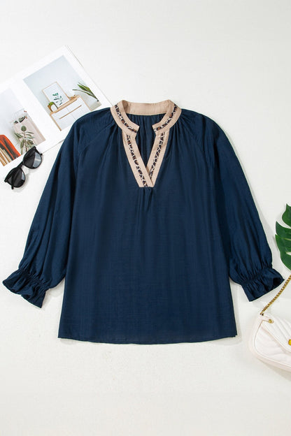 Plus Size Leopard Patchwork Collar Flounce Sleeve Blouse - Plus Size Clothing
