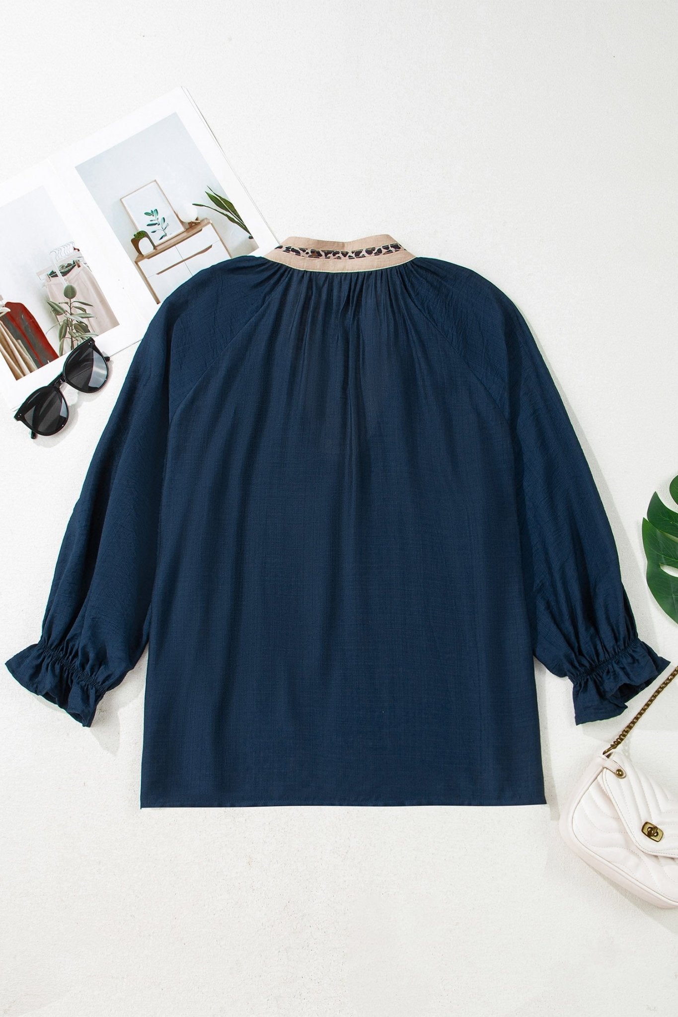 Plus Size Leopard Patchwork Collar Flounce Sleeve Blouse - Plus Size Clothing