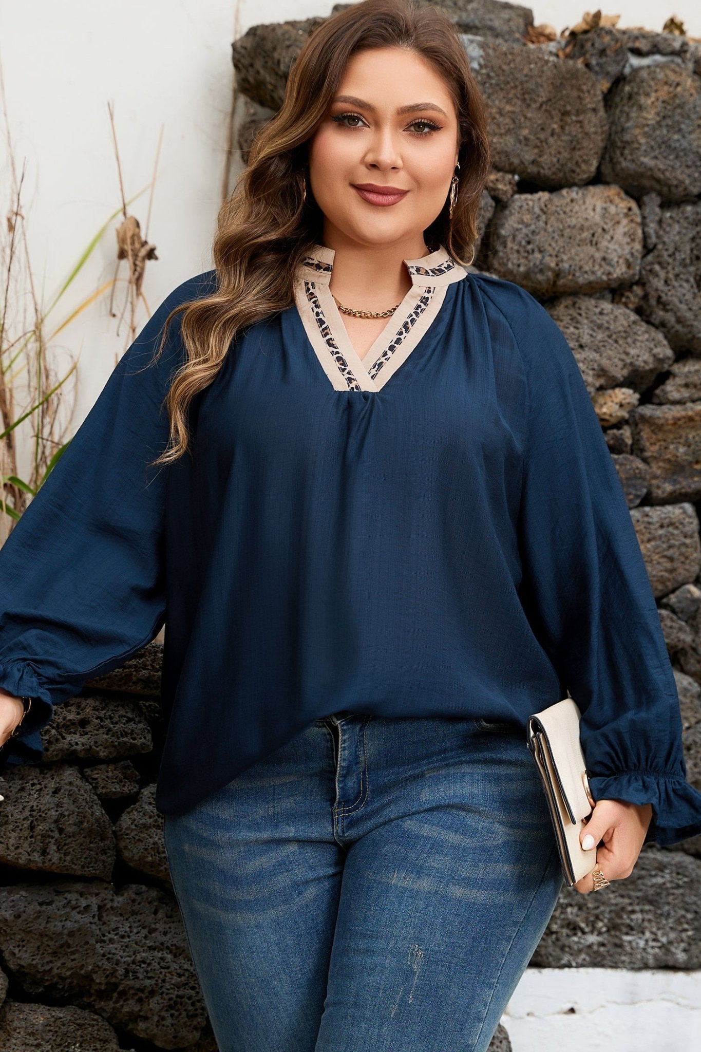 Plus Size Leopard Patchwork Collar Flounce Sleeve Blouse - Plus Size Clothing