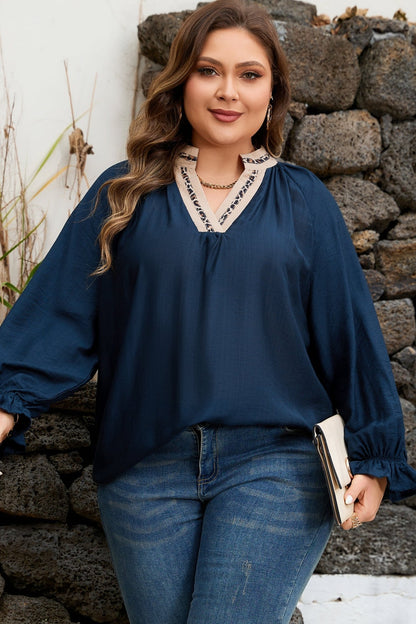 Plus Size Leopard Patchwork Collar Flounce Sleeve Blouse - Plus Size Clothing