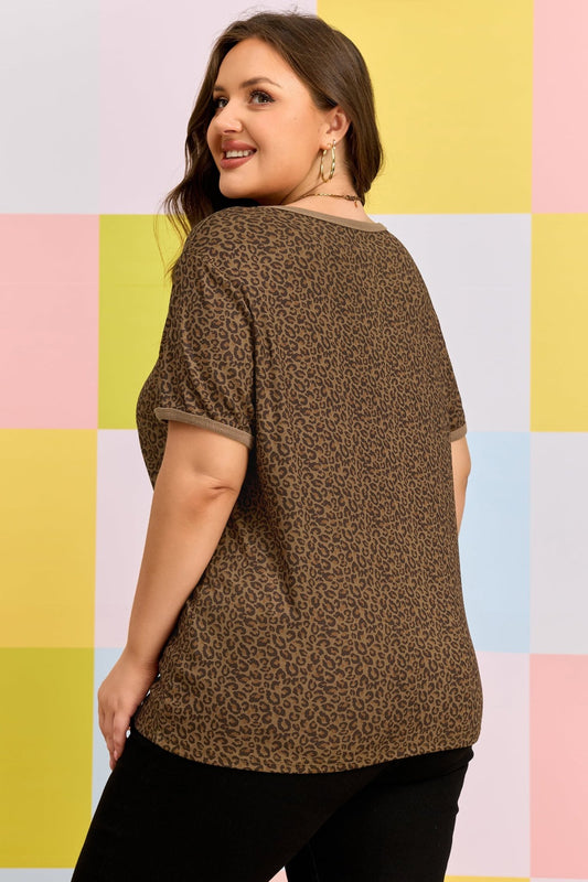 Plus Size Leopard Print Ribbed Trim Tee - Plus Size Clothing